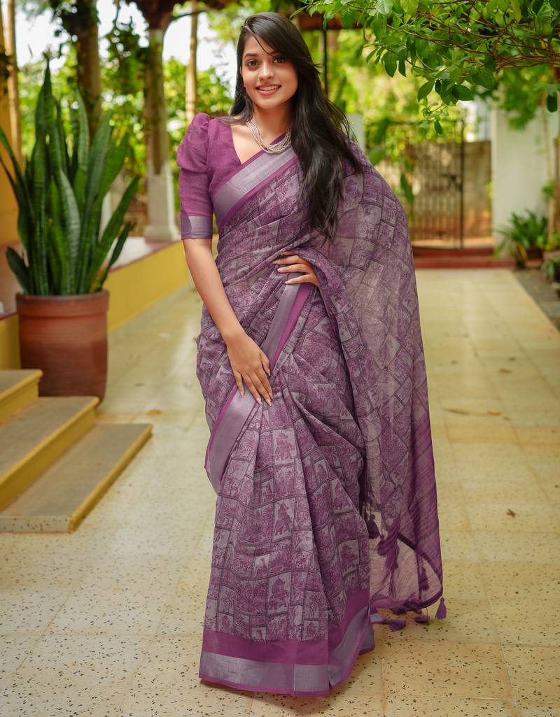 women's madhubani print cotton blend saree -magenta