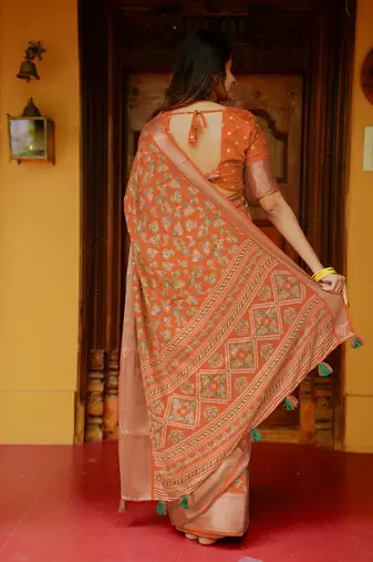 women's floral print cotton silk saree -orange
