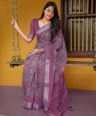 women's madhubani print cotton blend saree -magenta 2