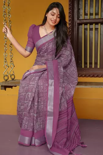 women's madhubani print cotton blend saree -magenta