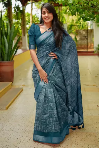 women's madhubani print cotton blend saree -teal