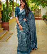 women's madhubani print cotton blend saree -teal