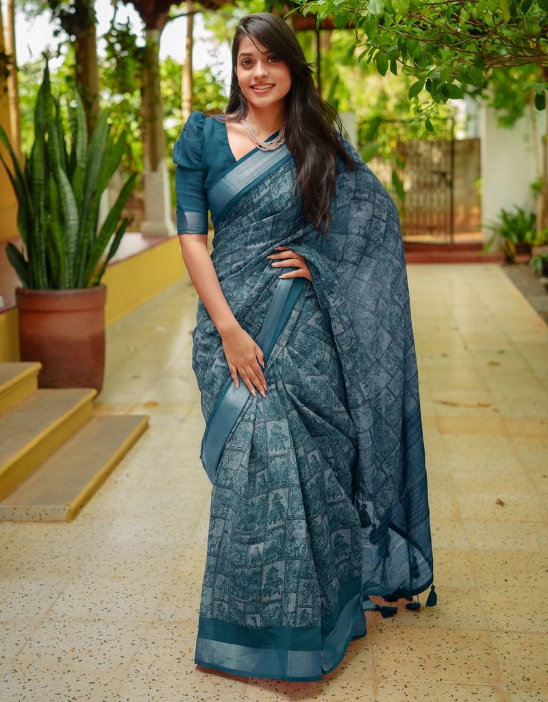 women's madhubani print cotton blend saree -teal