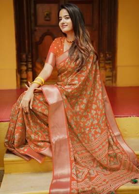 women's floral print cotton silk saree -orange 4