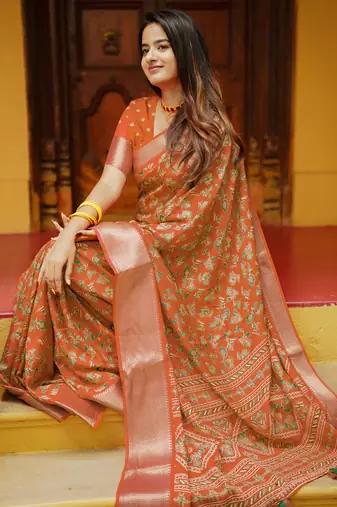women's floral print cotton silk saree -orange
