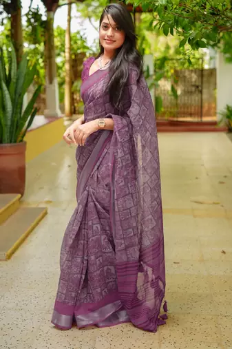 women's madhubani print cotton blend saree -magenta