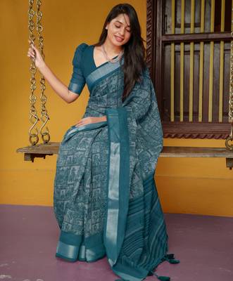 women's madhubani print cotton blend saree -teal 2