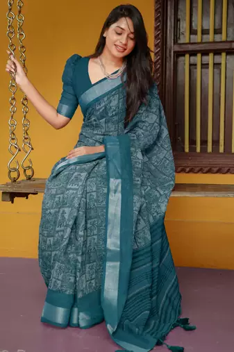women's madhubani print cotton blend saree -teal