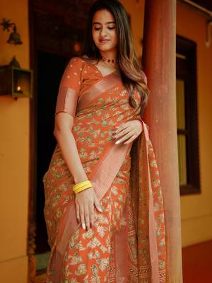 women's floral print cotton silk saree -orange 5