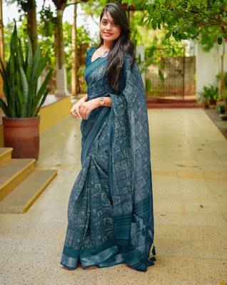 women's madhubani print cotton blend saree -teal 3
