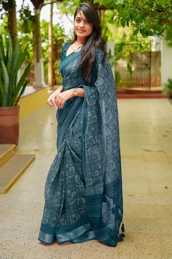 women's madhubani print cotton blend saree -teal