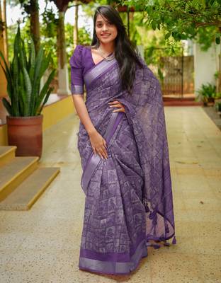 women's madhubani print cotton blend saree -purple 1