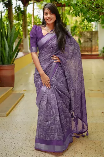 women's madhubani print cotton blend saree -purple