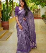 women's madhubani print cotton blend saree -purple