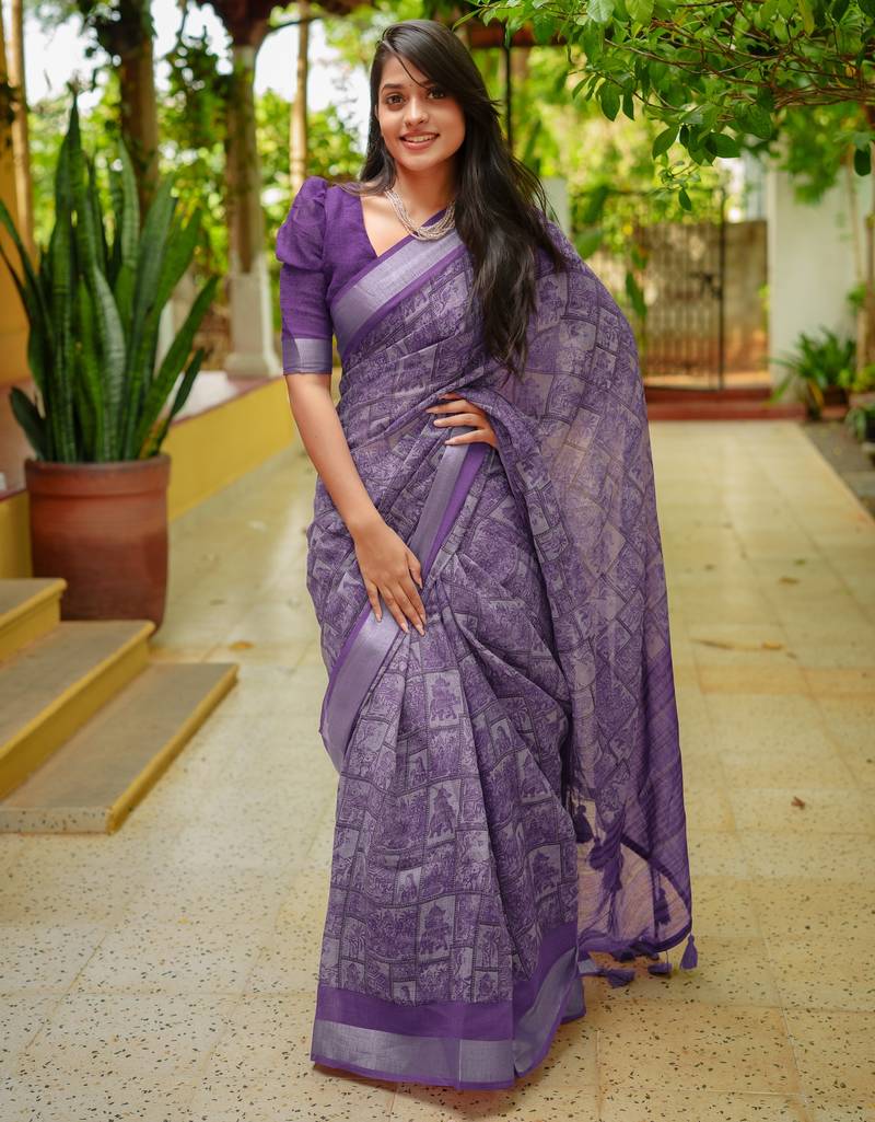 women's madhubani print cotton blend saree -purple
