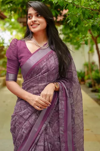 women's madhubani print cotton blend saree -magenta