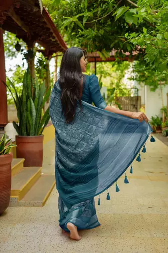 women's madhubani print cotton blend saree -teal