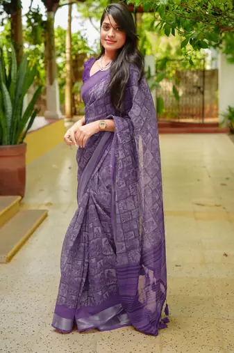 women's madhubani print cotton blend saree -purple
