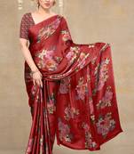 women's floral print chiffon saree -red