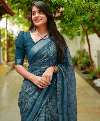 women's madhubani print cotton blend saree -teal 5