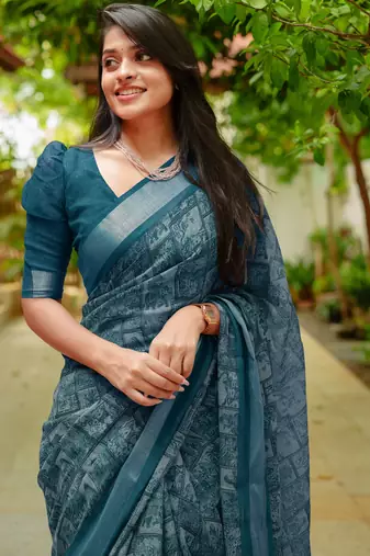 women's madhubani print cotton blend saree -teal