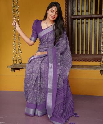 women's madhubani print cotton blend saree -purple 3