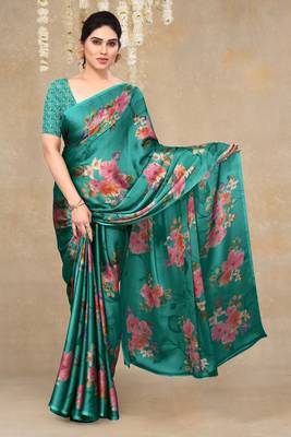 women's floral print chiffon saree -green 1