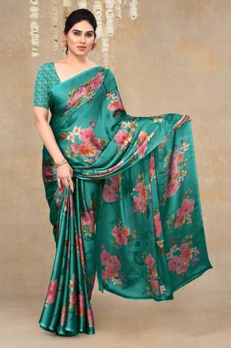 women's floral print chiffon saree -green