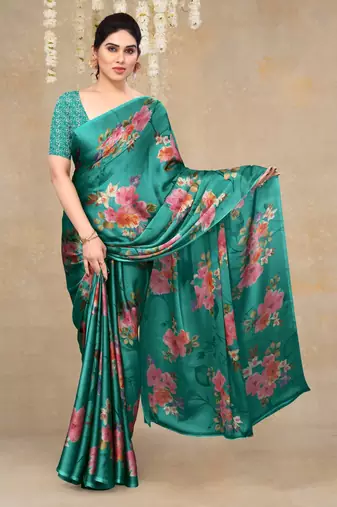 women's floral print chiffon saree -green