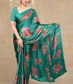 women's floral print chiffon saree -green