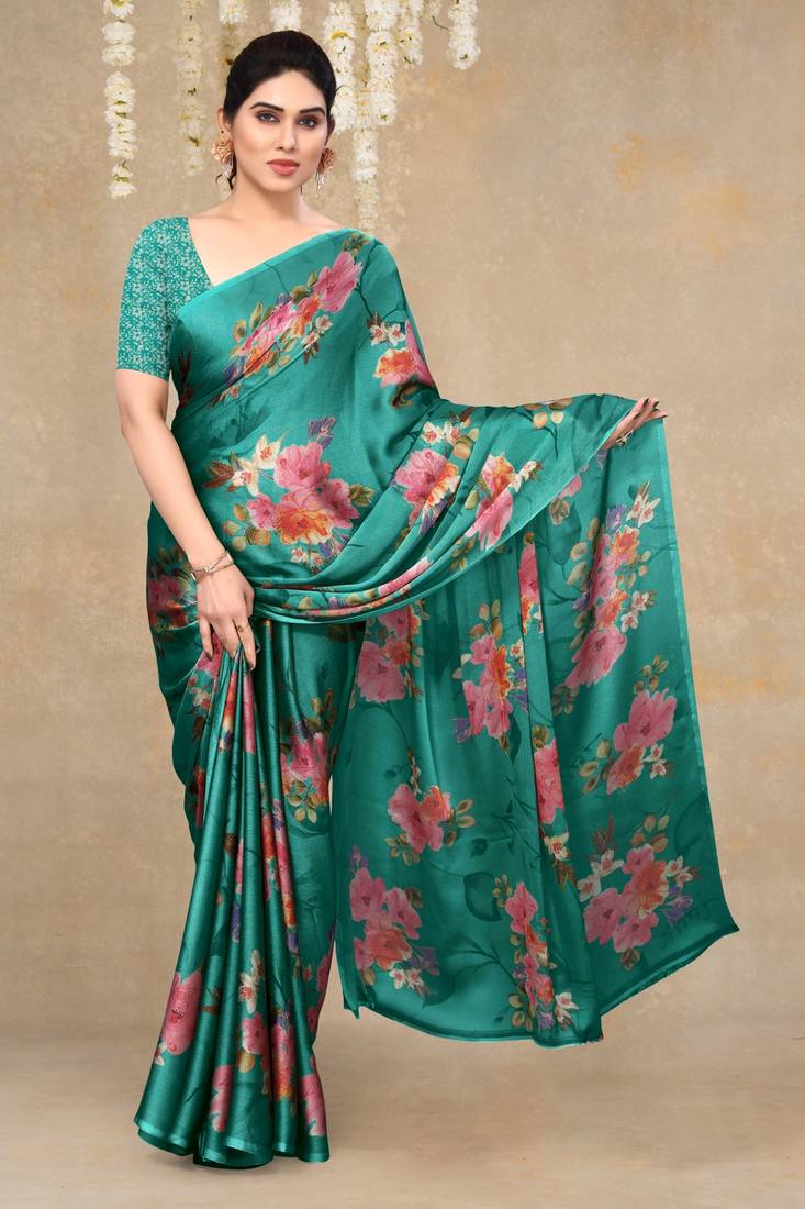 women's floral print chiffon saree -green