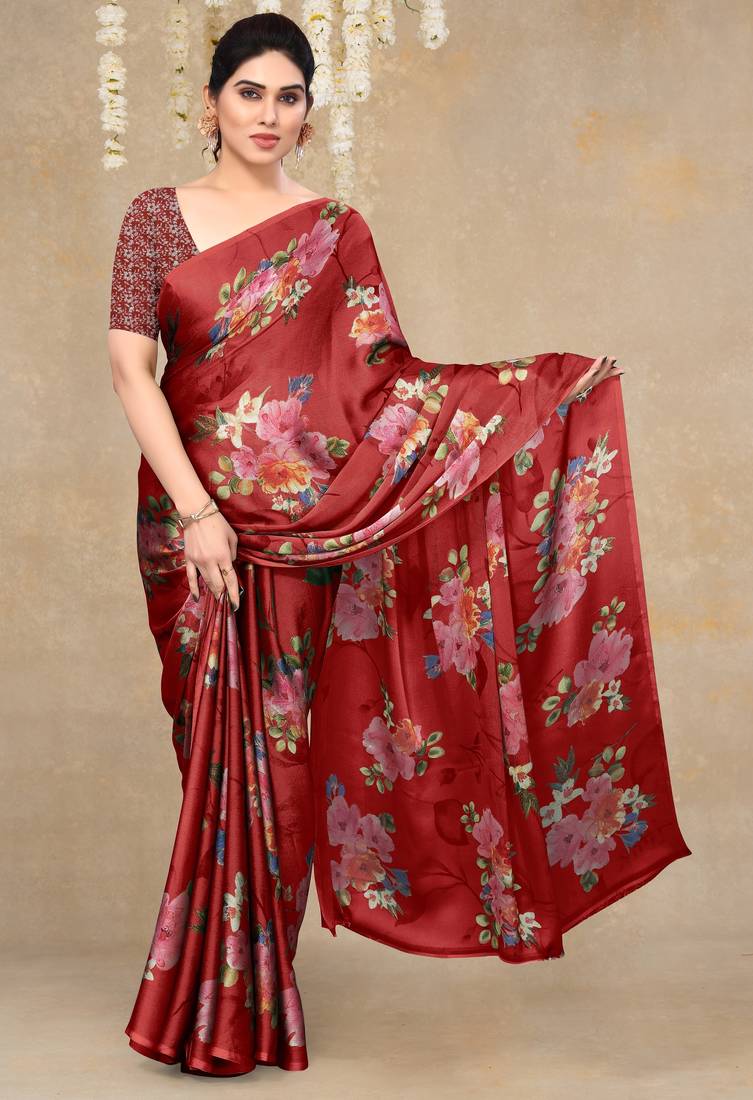 women's floral print chiffon saree -green