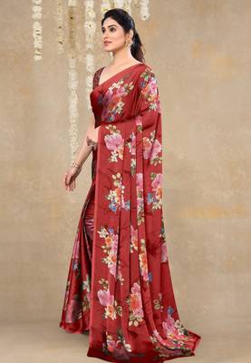 women's floral print chiffon saree -red 2