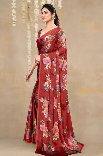 women's floral print chiffon saree -red