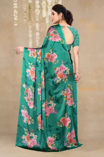 women's floral print chiffon saree -green