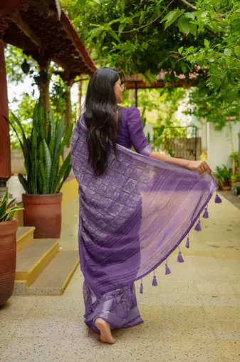 women's madhubani print cotton blend saree -purple
