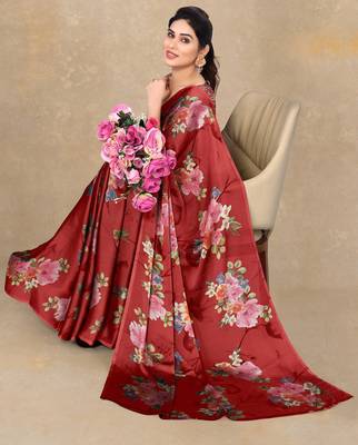 women's floral print chiffon saree -red 3