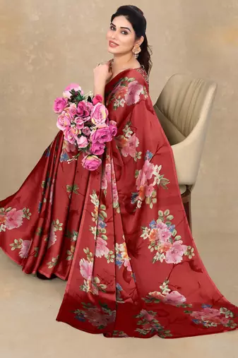 women's floral print chiffon saree -red