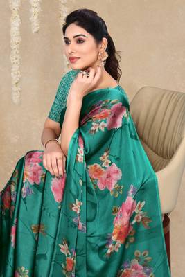 women's floral print chiffon saree -green 3