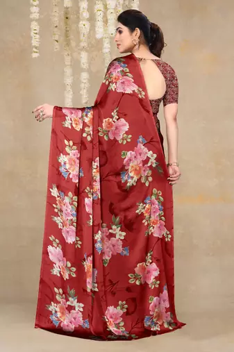 women's floral print chiffon saree -red