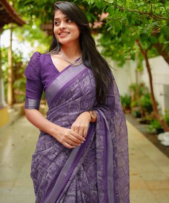 women's madhubani print cotton blend saree -purple 5