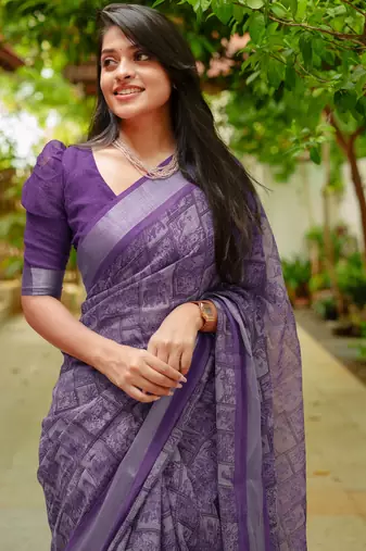 women's madhubani print cotton blend saree -purple