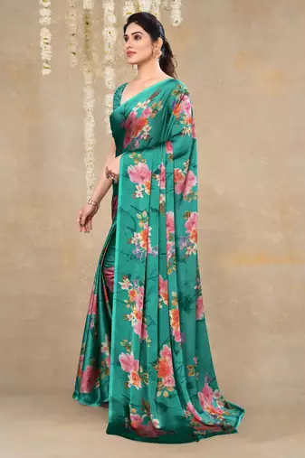 women's floral print chiffon saree -green