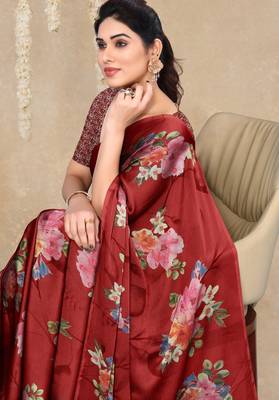 women's floral print chiffon saree -red 5