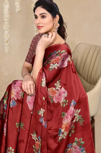 women's floral print chiffon saree -red