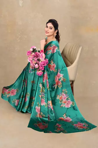 women's floral print chiffon saree -green