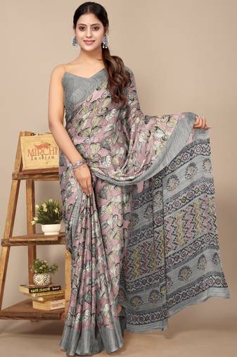 women's floral print chiffon saree -green