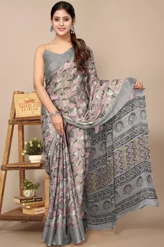 women's floral print chiffon saree -green