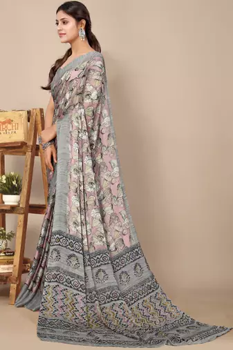 women's floral print chiffon saree -green