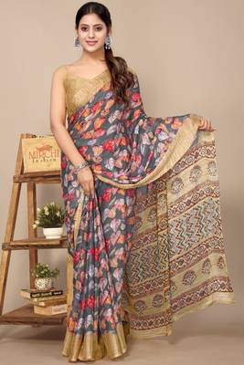 women's floral print chiffon saree -grey 1